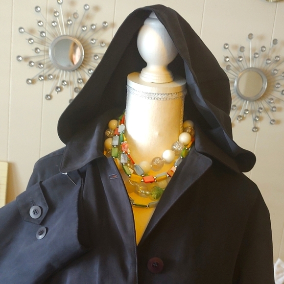 London Fog Black Faux Suede Water Resistent Hooded Trench Coat SZ Medium - Picture 2 of 14